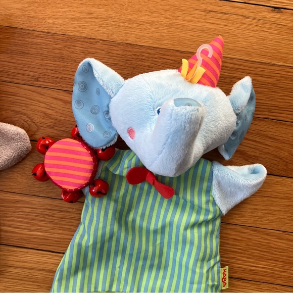 HABA Donkey Elephant Animal Rattle Play Toddler Plush Hand Glove Puppets - Picture 2 of 7